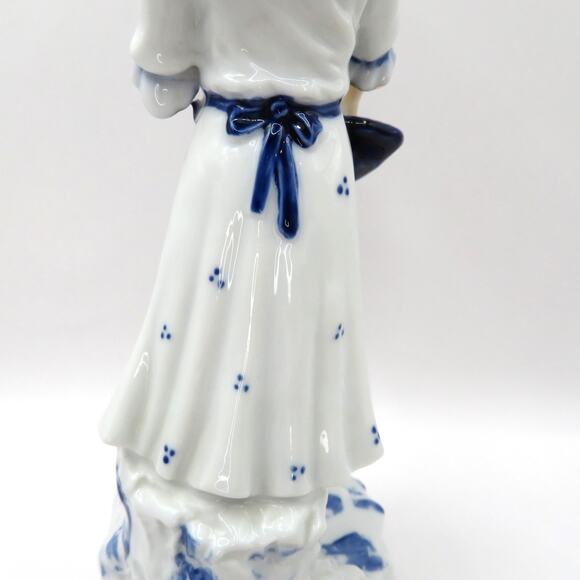 Vintage Porcelain Flower Girl Statuette Blue and White Figurine Cottage Core - Picture 5 of 11